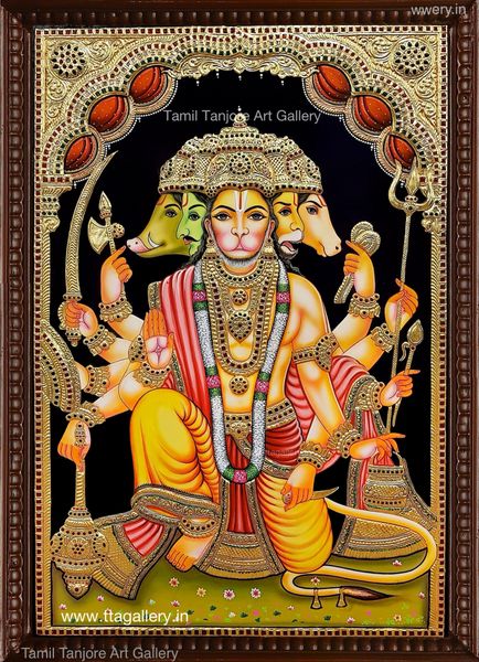 Panchamugha Hanuman Yellow Tanjore Painting