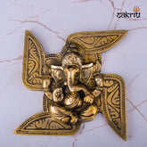 Brass Swastik Ganesha Mounted – 6.3 Inch Height | Brass Ganesha on Swastik Base for Auspicious Home Decor & Pooja