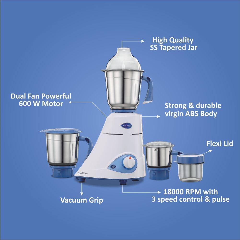 Preethi Mixer Grinder Blue Leaf Silver MG 149 - 3 Jars 600 Watt