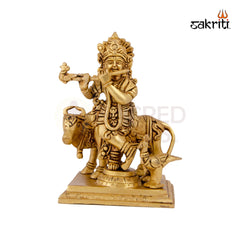 Brass Cow Krishna Standing – 7.5 Inch Height | Lord Krishna with Cow Brass Idol for Bhakti, Temple & Gifting