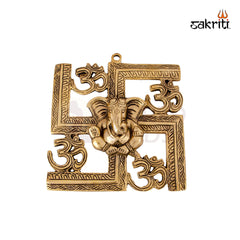 Brass Om-Swastik Ganesha Mounted – 8.5 Inch | Spiritual Wall Decor with Ganesha, Om & Swastik Symbols