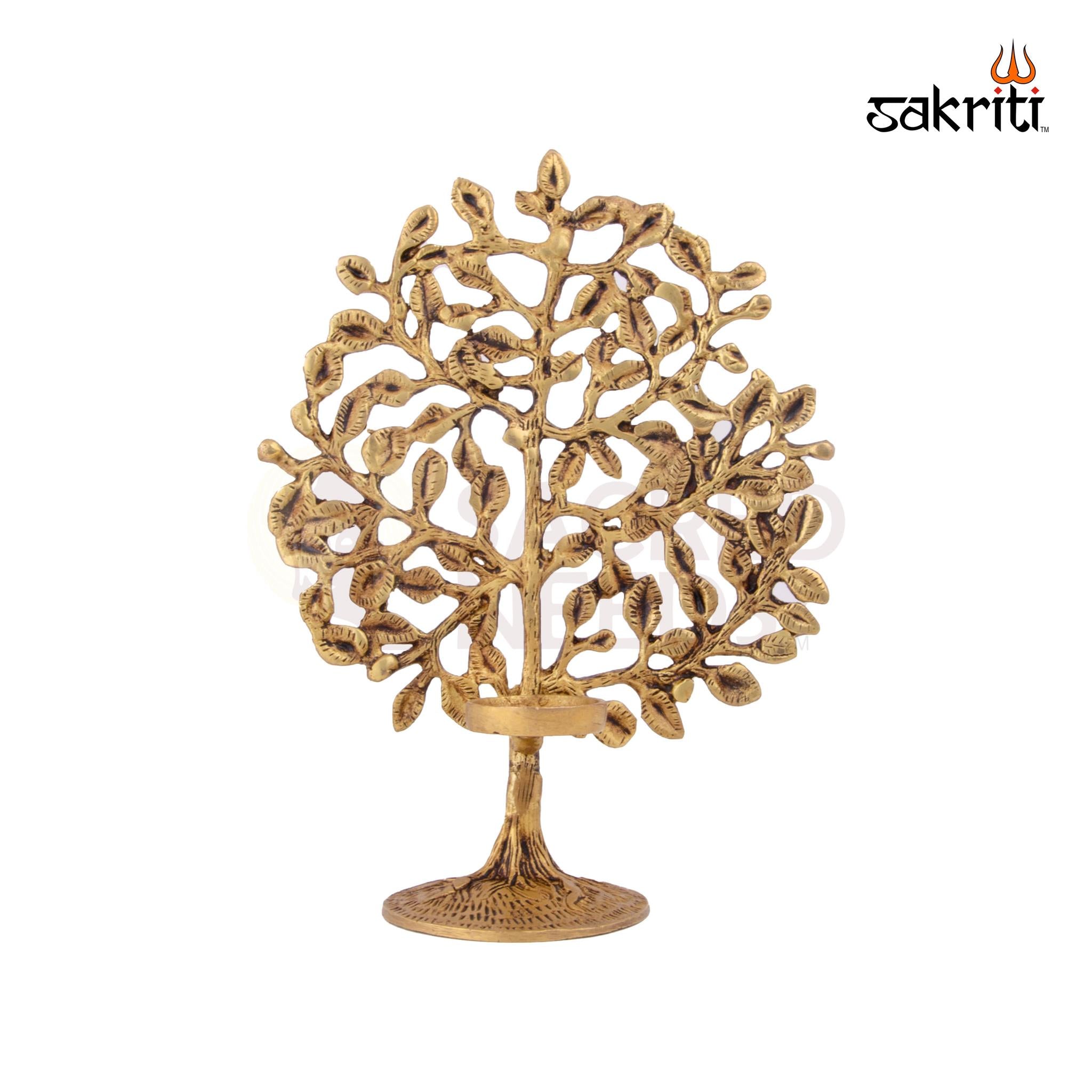 Brass Tree with Holder – 8.5 Inch | Decorative Tree Holder for Diyas, Bells & Pooja Decor