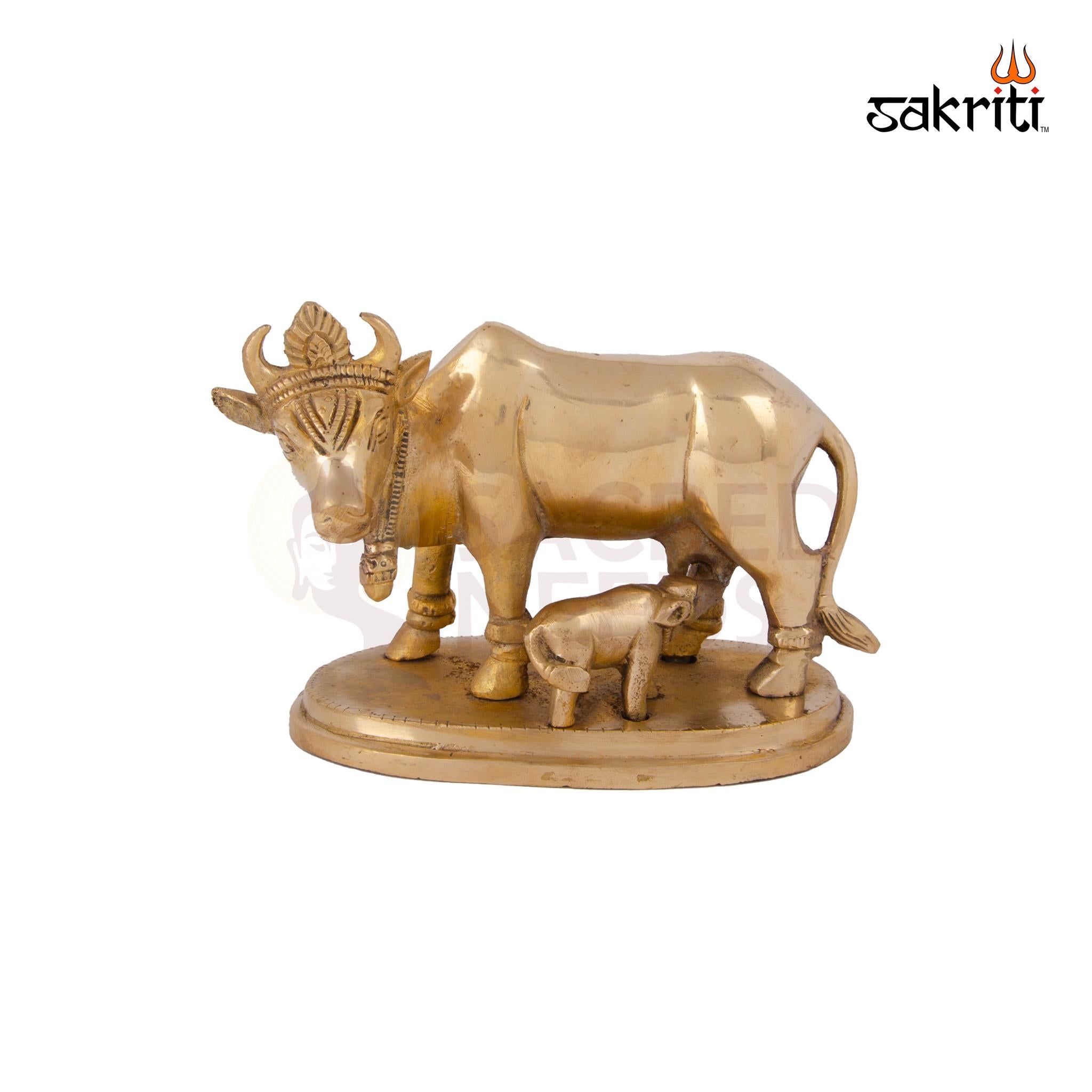Brass Cow & Calf – 4.3 Inch Height | Traditional Brass Sculpture of Cow and Calf for Pooja & Decoration