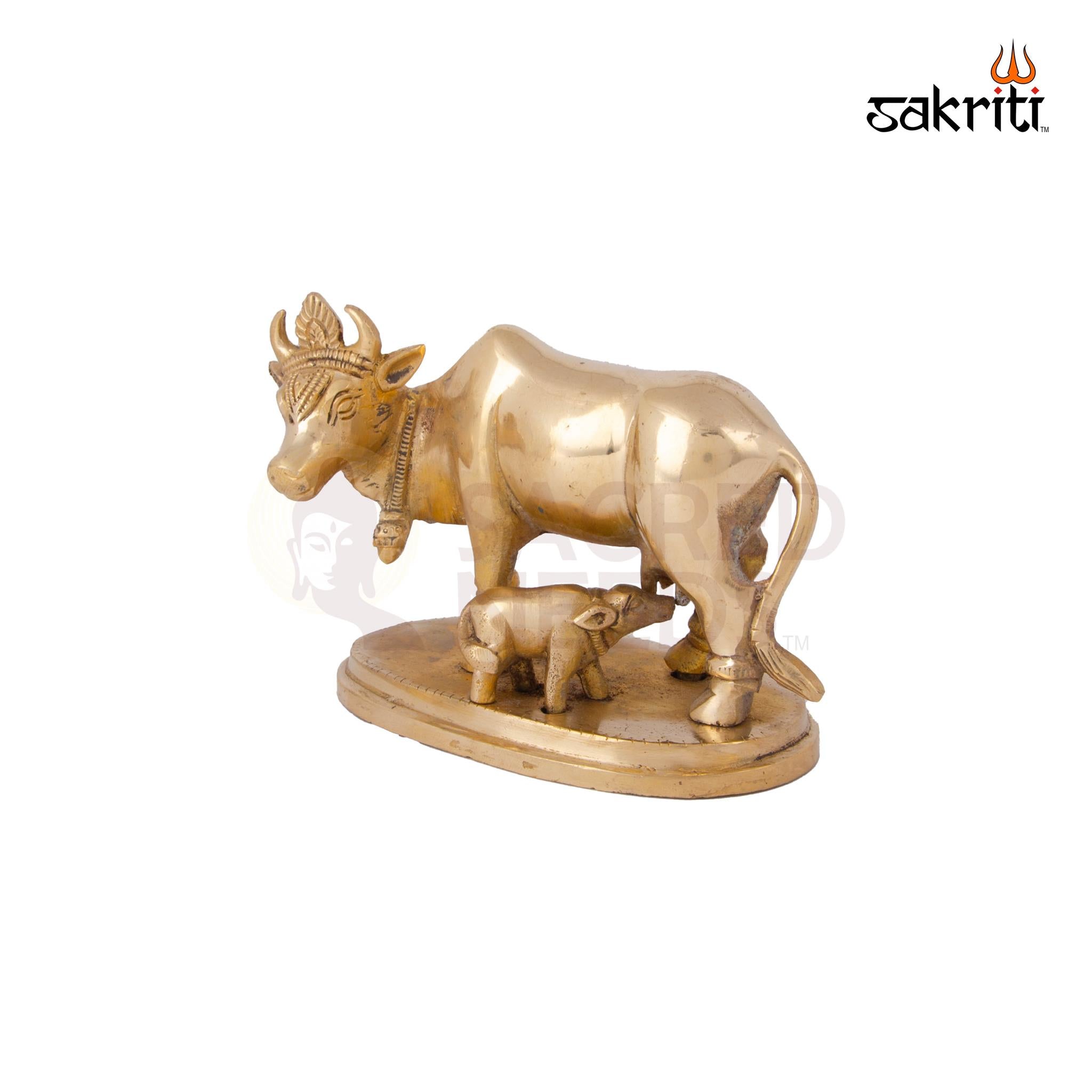 Brass Cow & Calf – 4.3 Inch Height | Traditional Brass Sculpture of Cow and Calf for Pooja & Decoration