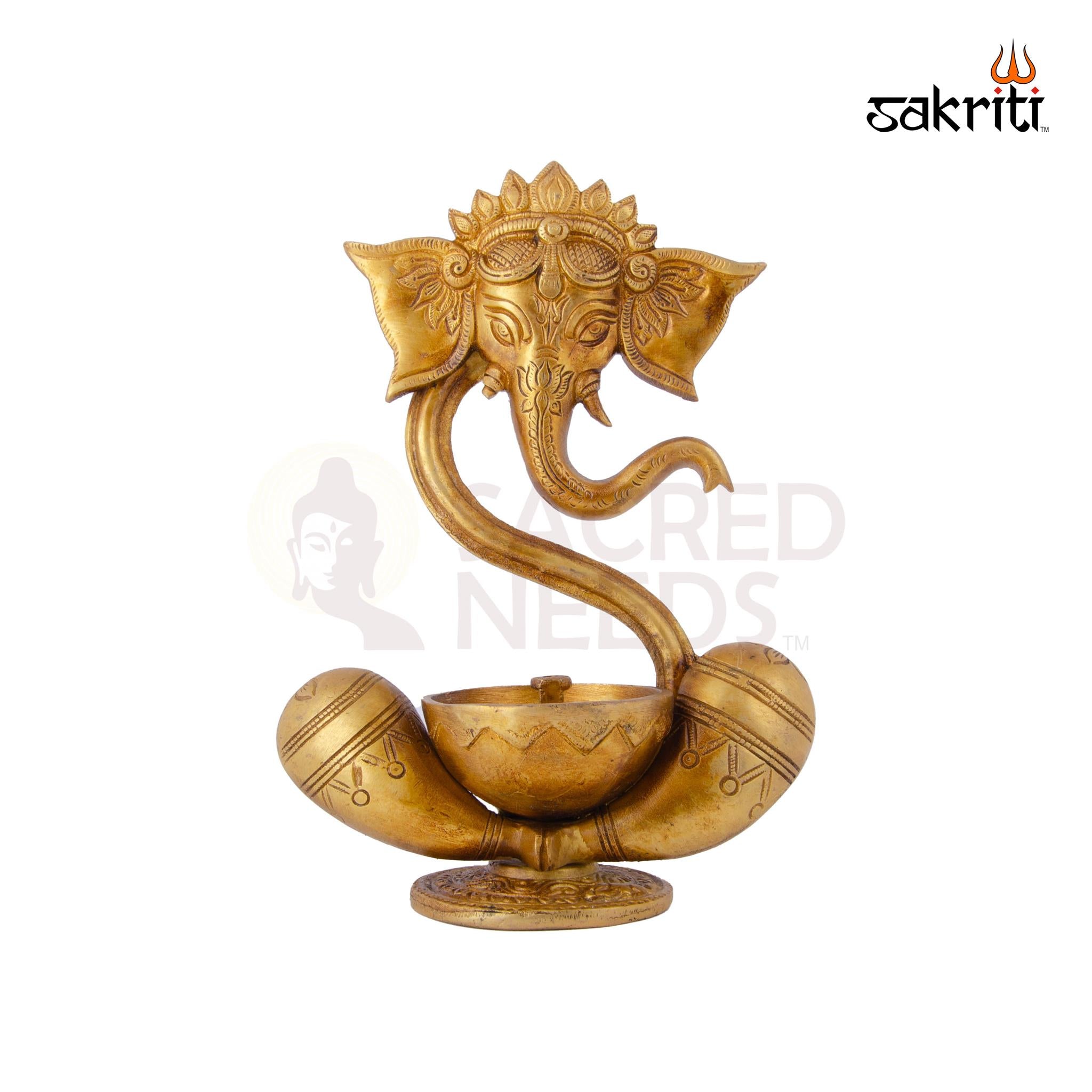 Brass Ganesha with Deepam – 9 Inch Height | Brass Lord Ganesha Statue with Deepam for Pooja