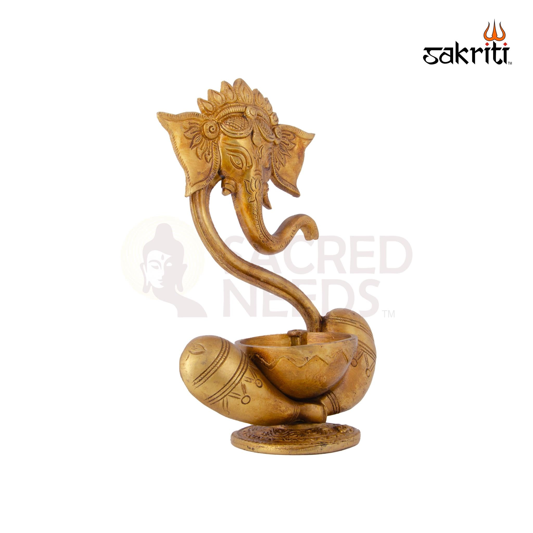Brass Ganesha with Deepam – 9 Inch Height | Brass Lord Ganesha Statue with Deepam for Pooja