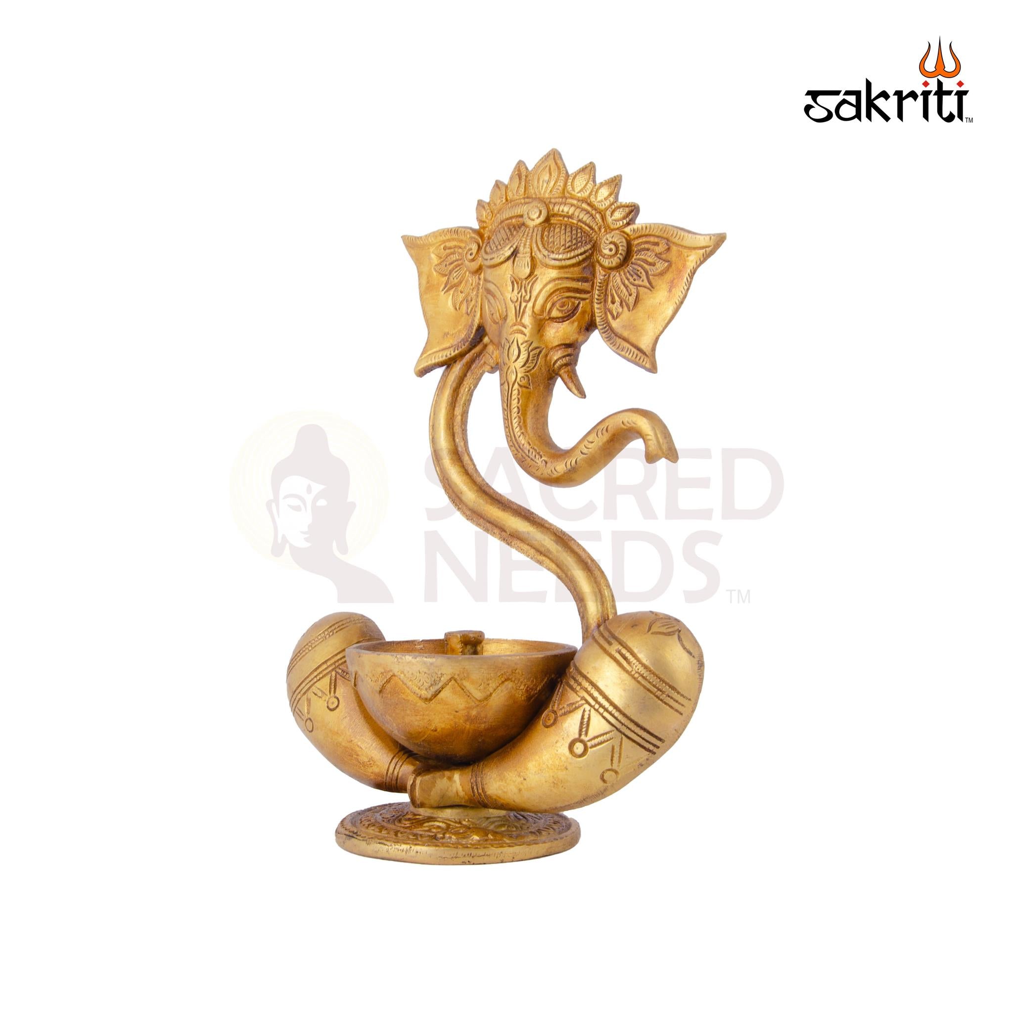 Brass Ganesha with Deepam – 9 Inch Height | Brass Lord Ganesha Statue with Deepam for Pooja