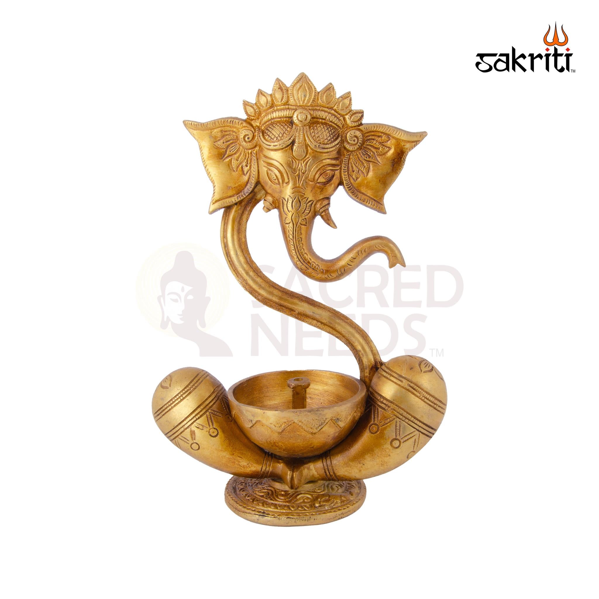 Brass Ganesha with Deepam – 9 Inch Height | Brass Lord Ganesha Statue with Deepam for Pooja